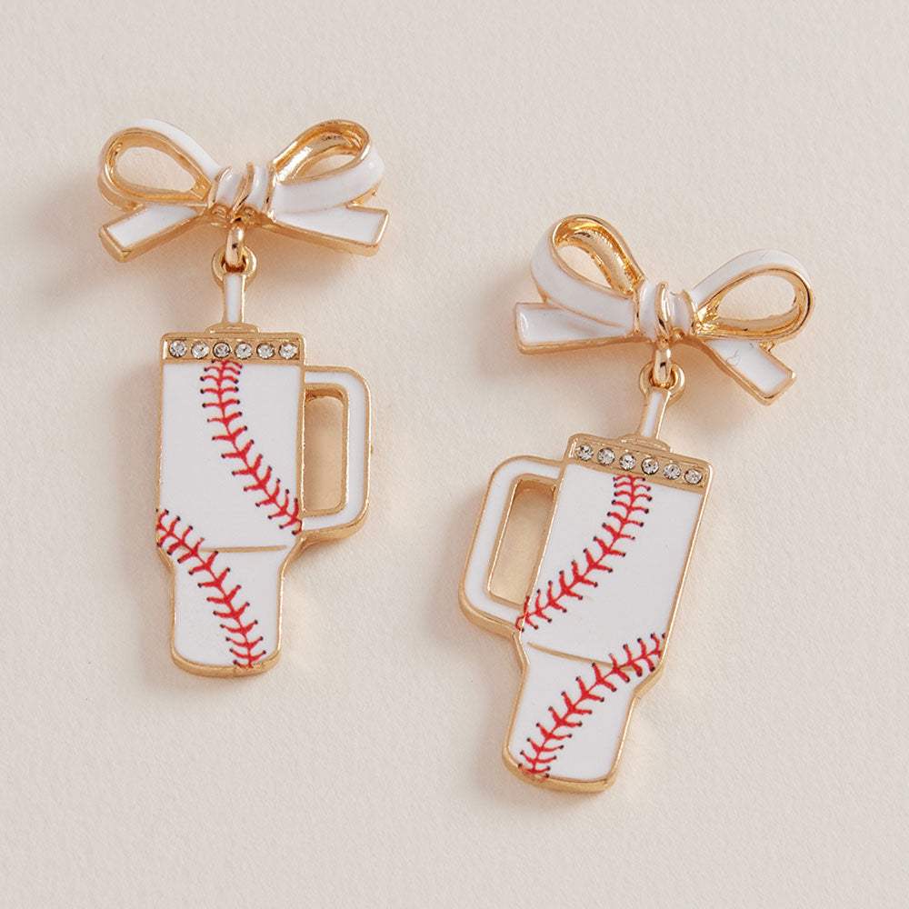 Bow Baseball Themed Tumbler Dangle Earrings - Madeline Love - Flyclothing LLC