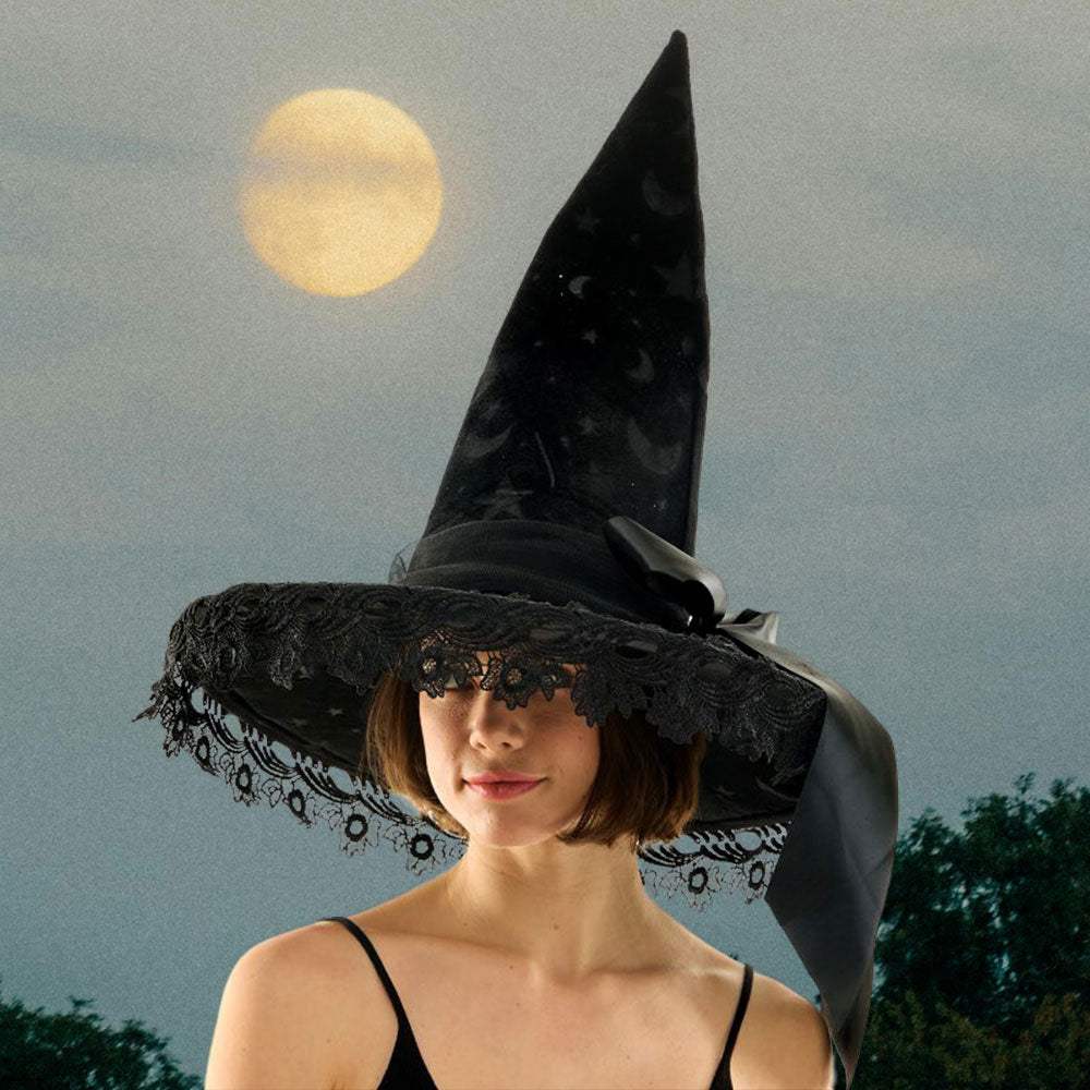 Bow Pointed Flower Lace Around Halloween Witch Hat - Madeline Love - Flyclothing LLC