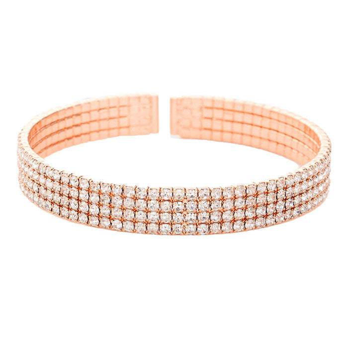 Brass Metal Four Rows Rhinestone Cuff Bracelet - Madeline Love - Flyclothing LLC