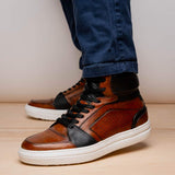 65-356-BRN BRAVO Italian Burnished Calfskin High Top Dress Sneaker Black / Brown - Zelli Italia - Flyclothing LLC