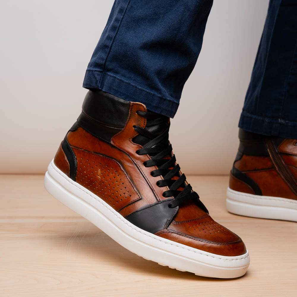 65-356-BRN BRAVO Italian Burnished Calfskin High Top Dress Sneaker Black / Brown - Zelli Italia - Flyclothing LLC