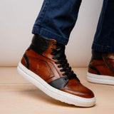 65-356-BRN BRAVO Italian Burnished Calfskin High Top Dress Sneaker Black / Brown - Zelli Italia - Flyclothing LLC