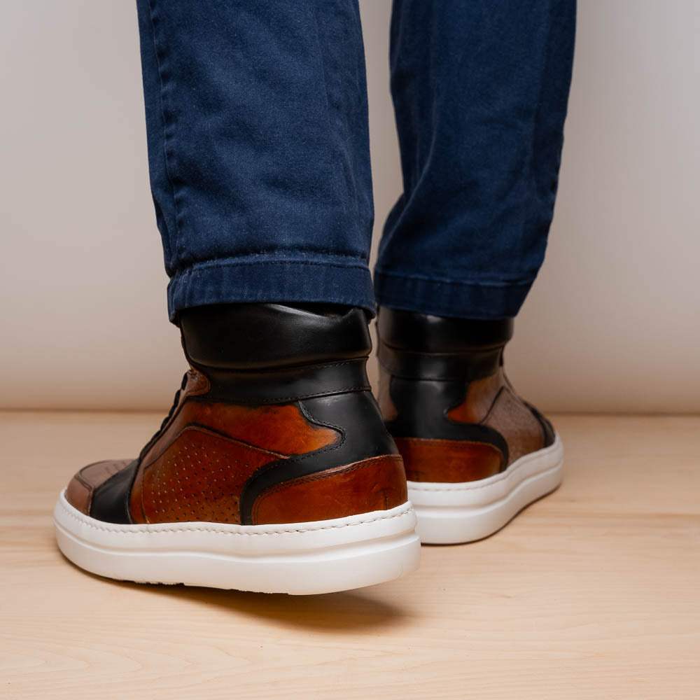 65-356-BRN BRAVO Italian Burnished Calfskin High Top Dress Sneaker Black / Brown - Zelli Italia - Flyclothing LLC