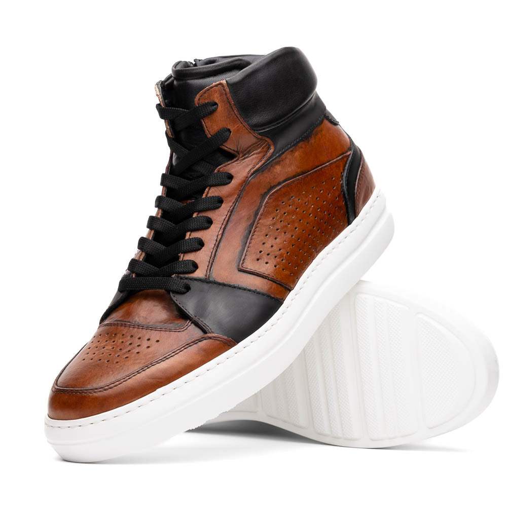 65-356-BRN BRAVO Italian Burnished Calfskin High Top Dress Sneaker Black / Brown - Zelli Italia - Flyclothing LLC