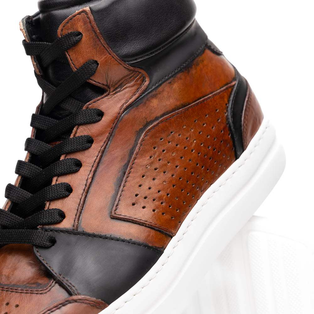 65-356-BRN BRAVO Italian Burnished Calfskin High Top Dress Sneaker Black / Brown - Zelli Italia - Flyclothing LLC