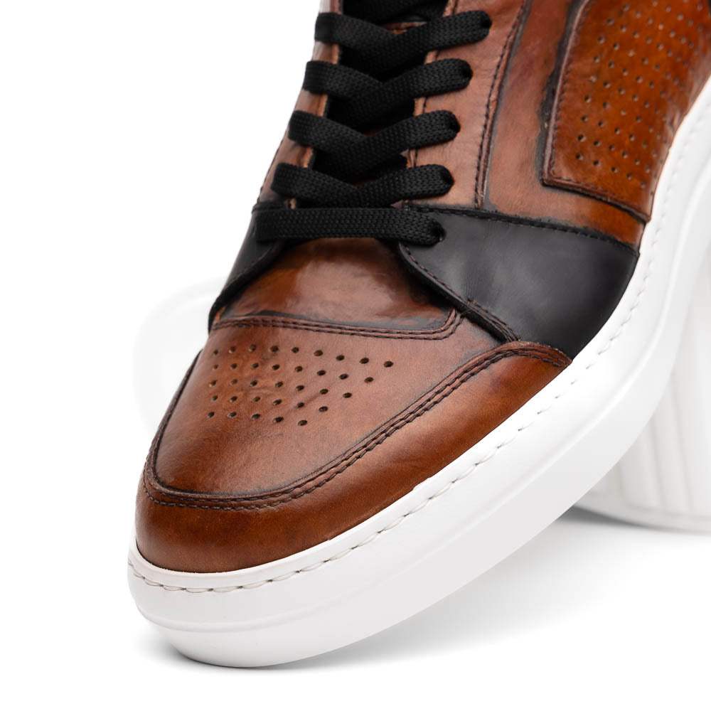65-356-BRN BRAVO Italian Burnished Calfskin High Top Dress Sneaker Black / Brown - Zelli Italia - Flyclothing LLC