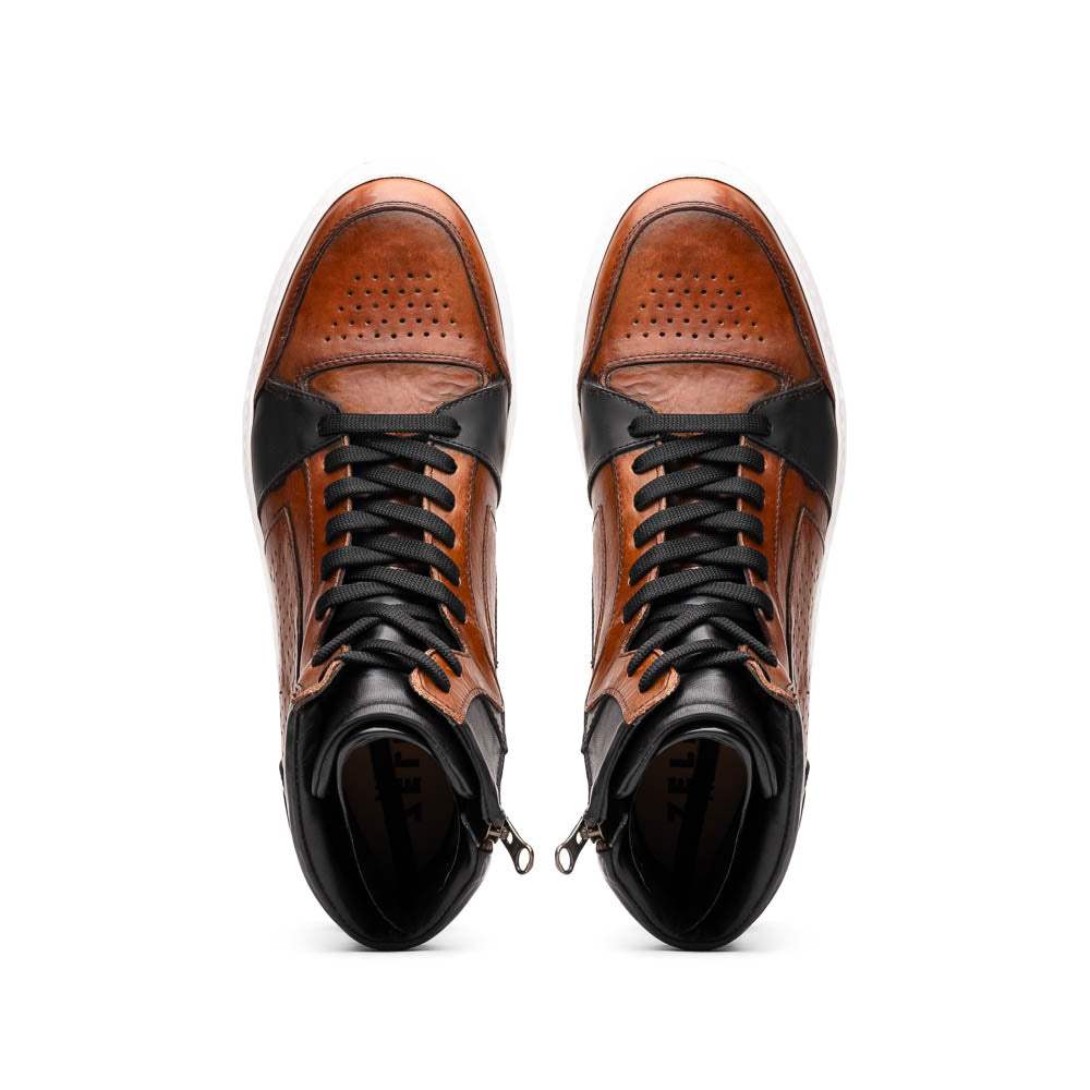 65-356-BRN BRAVO Italian Burnished Calfskin High Top Dress Sneaker Black / Brown - Zelli Italia - Flyclothing LLC