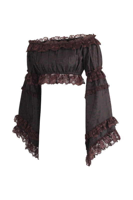 Daisy Corsets Brown Brocade Smocked Flare Sleeve Peasant Top