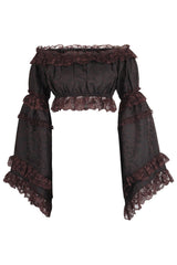 Daisy Corsets Brown Brocade Smocked Flare Sleeve Peasant Top