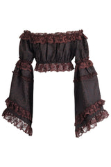 Daisy Corsets Brown Brocade Smocked Flare Sleeve Peasant Top