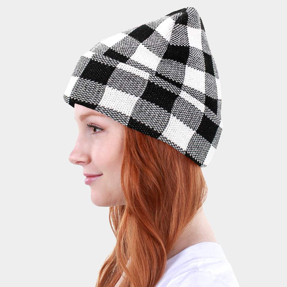 Buffalo Check Patterned Knit Beanie Hat - Madeline Love - Flyclothing LLC