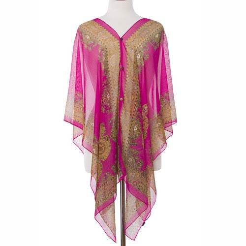 Button Detail Paisley Print V-Neck Poncho Cover Up Beachwear - Madeline Love - Flyclothing LLC