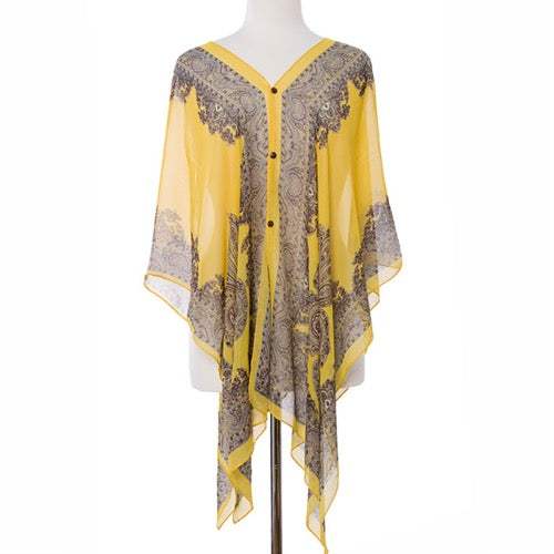 Button Detail Paisley Print V-Neck Poncho Cover Up Beachwear - Madeline Love - Flyclothing LLC