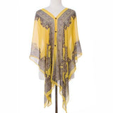 Button Detail Paisley Print V-Neck Poncho Cover Up Beachwear - Madeline Love - Flyclothing LLC