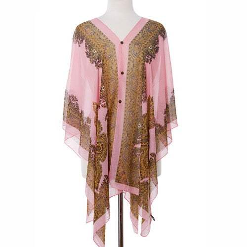 Button Detail Paisley Print V-Neck Poncho Cover Up Beachwear - Madeline Love - Flyclothing LLC