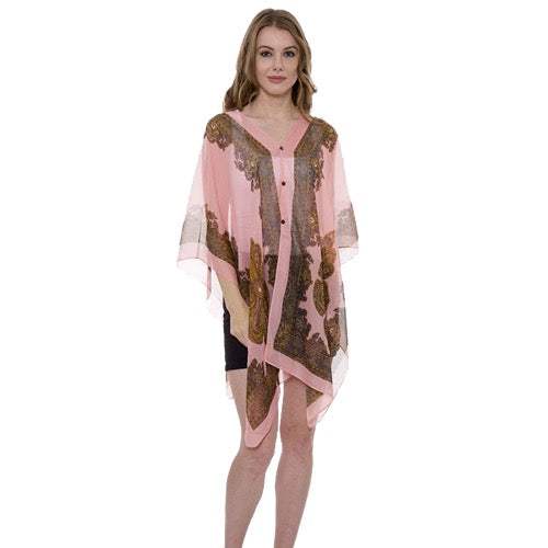 Button Detail Paisley Print V-Neck Poncho Cover Up Beachwear - Madeline Love - Flyclothing LLC