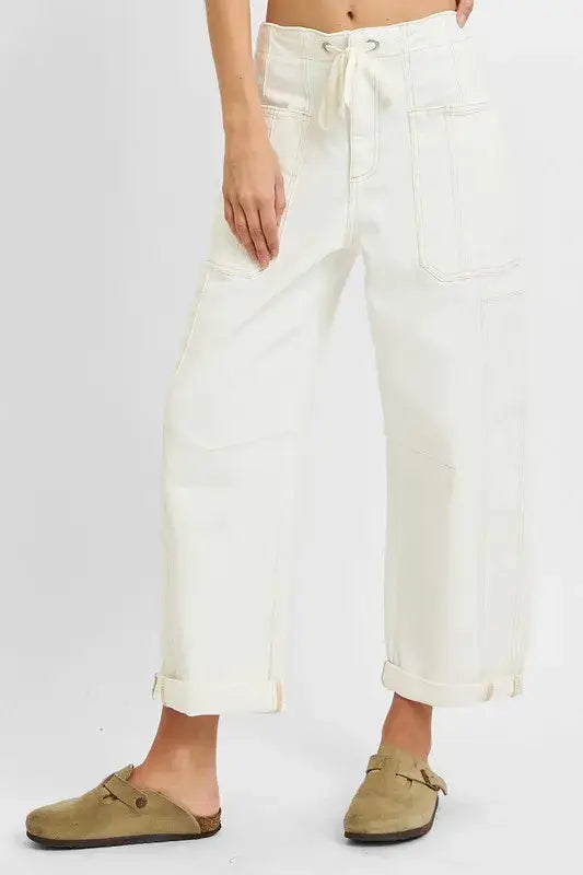 RISEN Full Size High Rise Crop Wide Barrel Cargo Pocket Jeans Plus Size - Trendsi - Flyclothing LLC