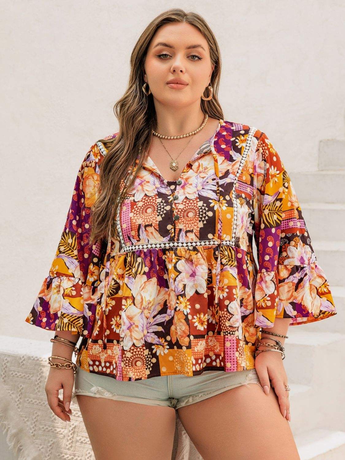 Plus Size Printed Tie Neck Blouse - Trendsi - Flyclothing LLC