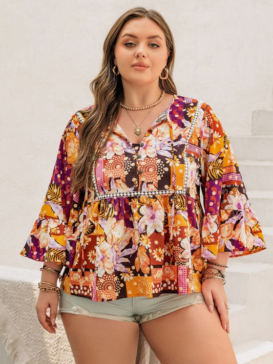 Plus Size Printed Tie Neck Blouse - Trendsi