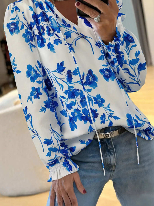 Floral Long Sleeve Tie Neck Blouse - Trendsi - Flyclothing LLC