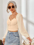 Mesh Sweetheart Neck Flounce Sleeve Top - Trendsi - Flyclothing LLC