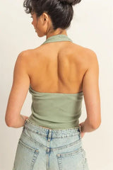 HYFVE Halter Neck Buttoned Washed Top - Trendsi - Flyclothing LLC