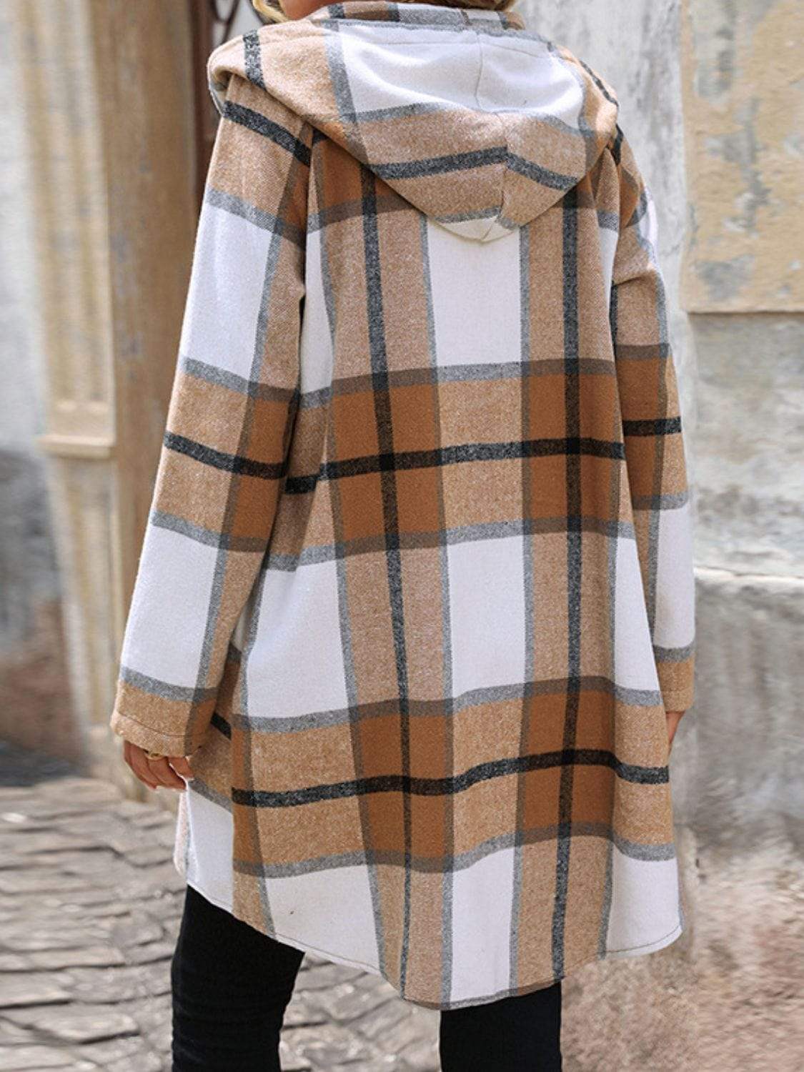 Drawstring Plaid Zip Up Long Sleeve Hooded Outerwear - Trendsi - Flyclothing LLC