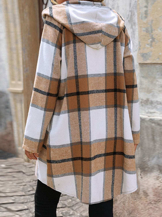 Drawstring Plaid Zip Up Long Sleeve Hooded Outerwear - Trendsi - Flyclothing LLC