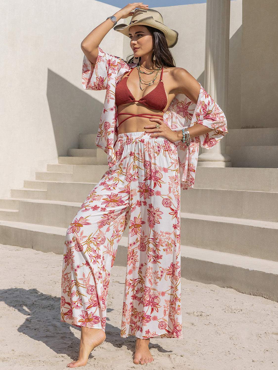 Printed Open Front Half Sleeve Top and Pants Set - Trendsi - Flyclothing LLC