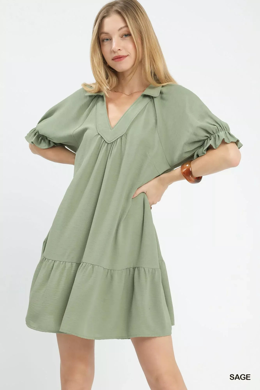 Umgee Tiered Puff Sleeve Babydoll Dress - Trendsi - Flyclothing LLC
