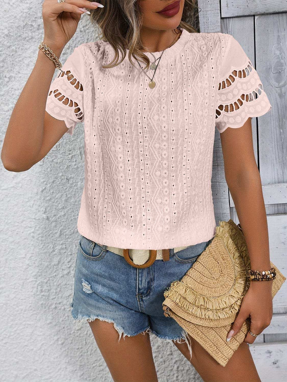 Full Size Eyelet Round Neck Short Sleeve Top - Trendsi - Flyclothing LLC