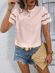 Full Size Eyelet Round Neck Short Sleeve Top - Trendsi