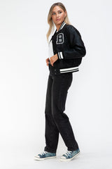 Love Me Now PU Leather Contrast Snap Down Bomber Jacket - Trendsi