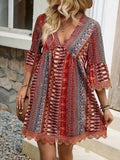 Lace Trim Printed V-Neck 3/4 Sleeve Dress - Trendsi