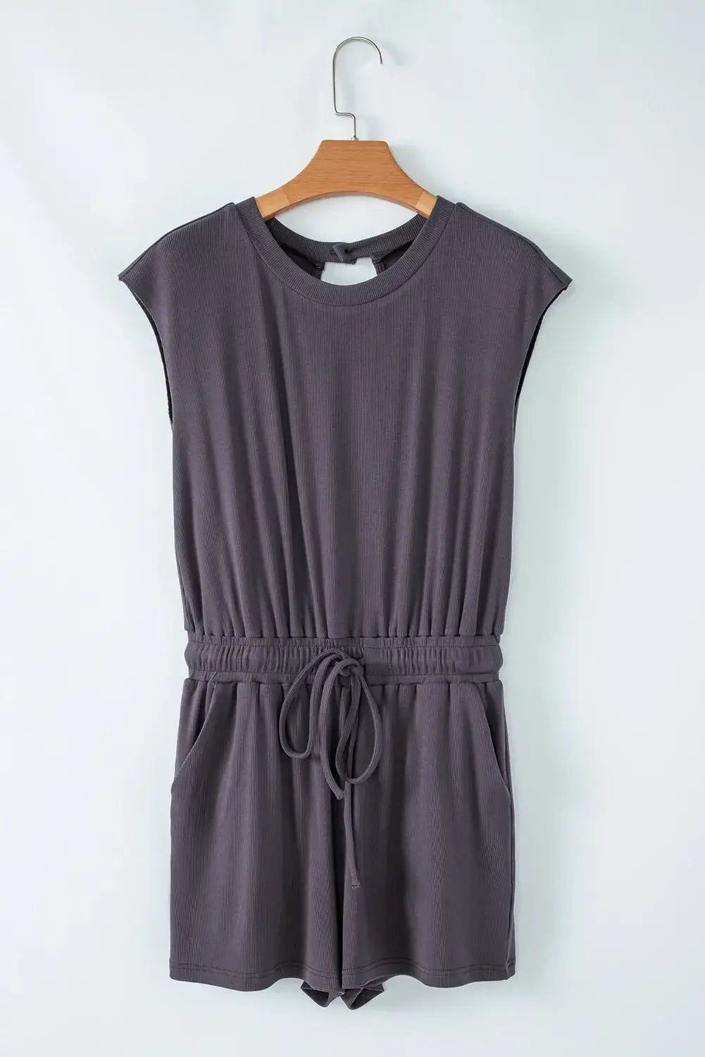 Knit Open Back Cap Sleeve Drawstring Romper - Trendsi - Flyclothing LLC