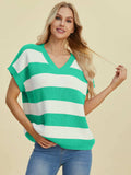 Double Take Full Size Striped V-Neck Short Sleeve Sweater - Trendsi - Flyclothing LLC