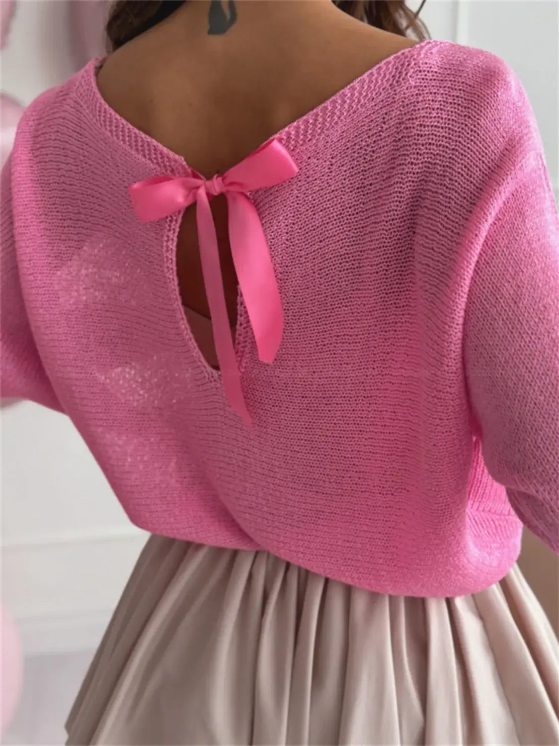 Bow Back Boat Neck Batwing Sleeve Sweater - Trendsi - Flyclothing LLC