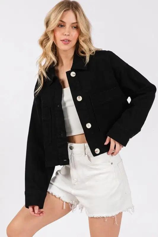 bytos Button Down Cropped Denim Jacket with Patch Pockets - Trendsi