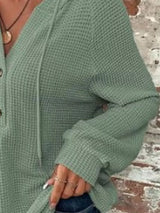Waffle Knit Button Detail Hoodie - Trendsi - Flyclothing LLC