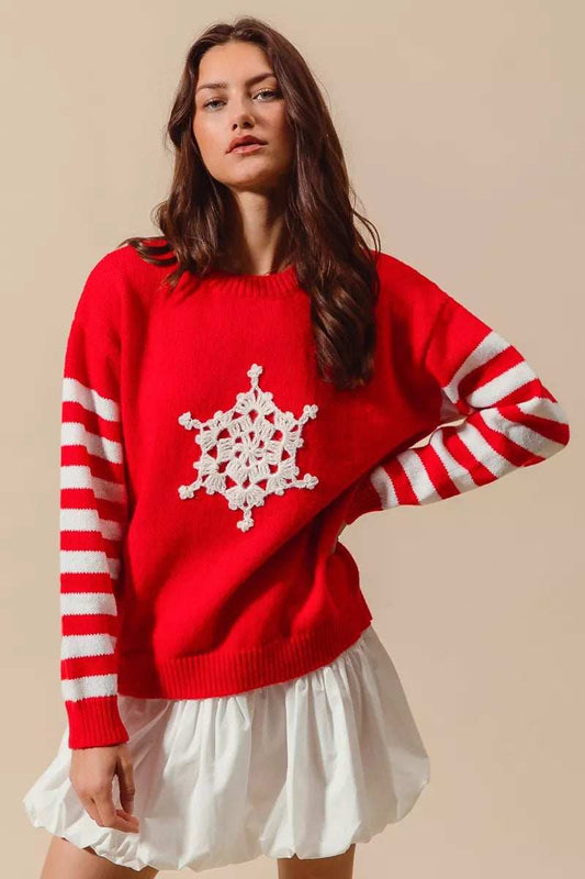 SO ME Christmas Snowflake Crochet Embellished Sweater - Trendsi - Flyclothing LLC