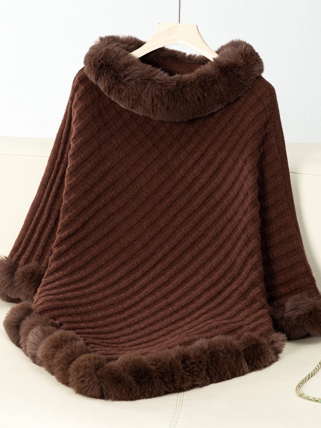 Fuzzy Trim Texture Three-Quarter Sleeve Poncho - Trendsi