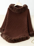 Fuzzy Trim Texture Three-Quarter Sleeve Poncho - Trendsi