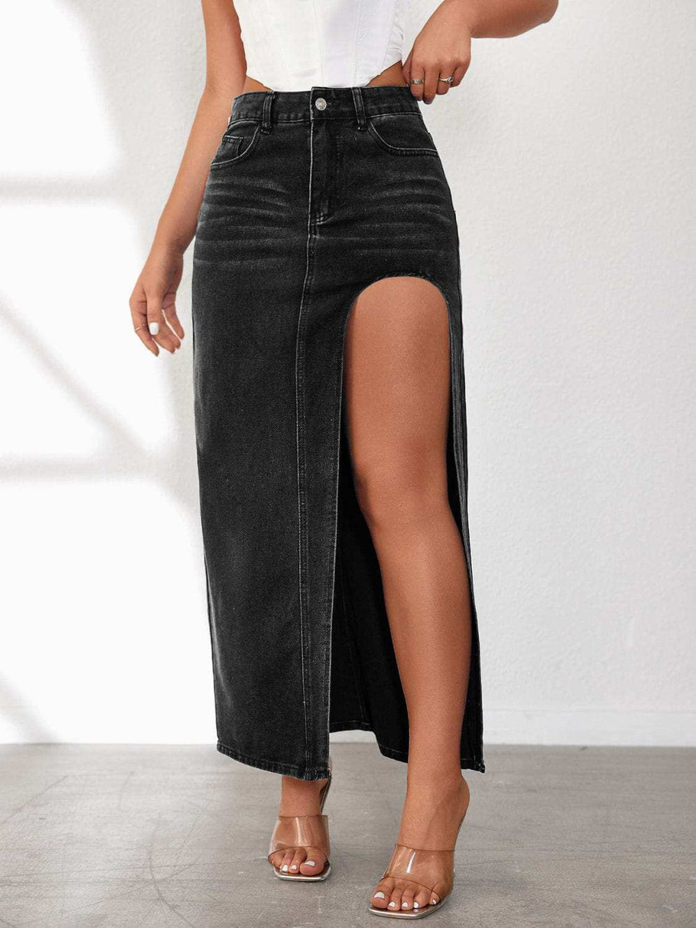 High Rise Slit Denim Skirt - Trendsi - Flyclothing LLC