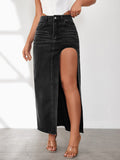 High Rise Slit Denim Skirt - Trendsi