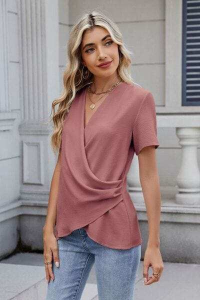 Solid Color Surplice Short Sleeve Blouse - Trendsi - Flyclothing LLC