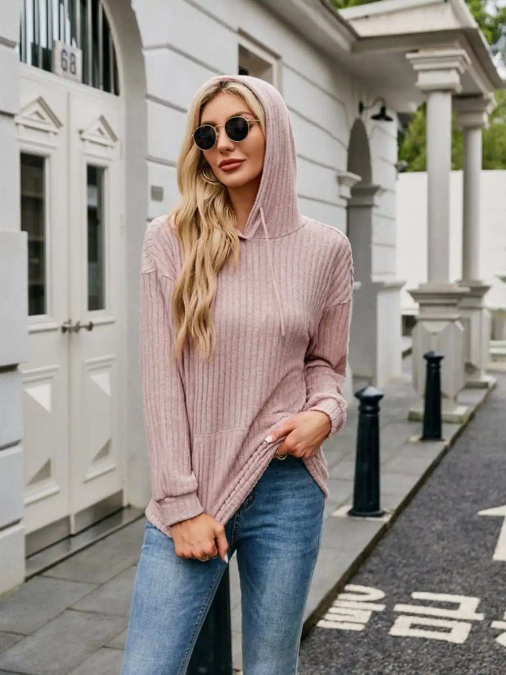 Ribbed Drawstring Long Sleeve Hoodie - Trendsi - Flyclothing LLC