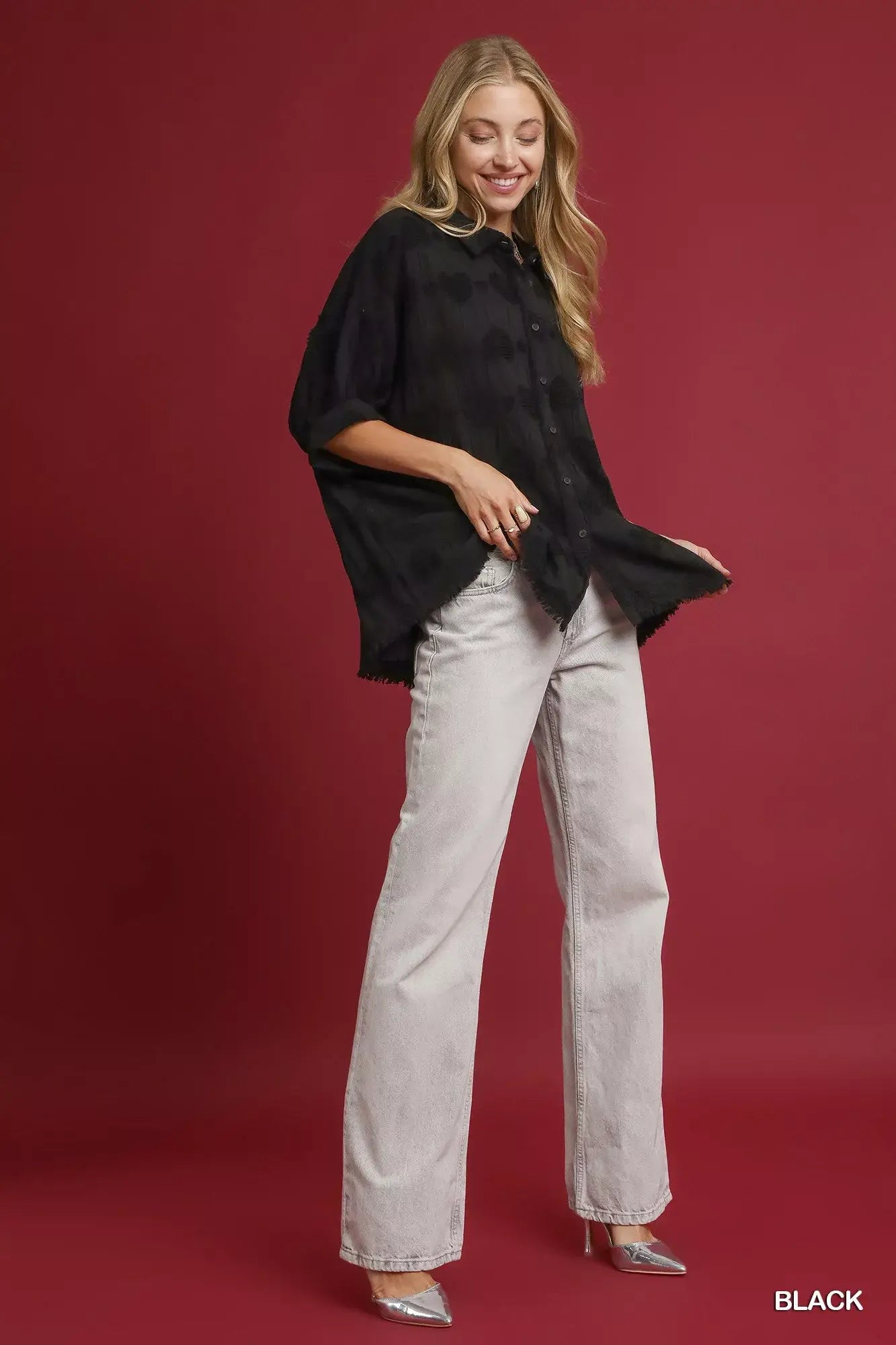 Umgee Jacquard Heart Collared Shirt - Trendsi - Flyclothing LLC