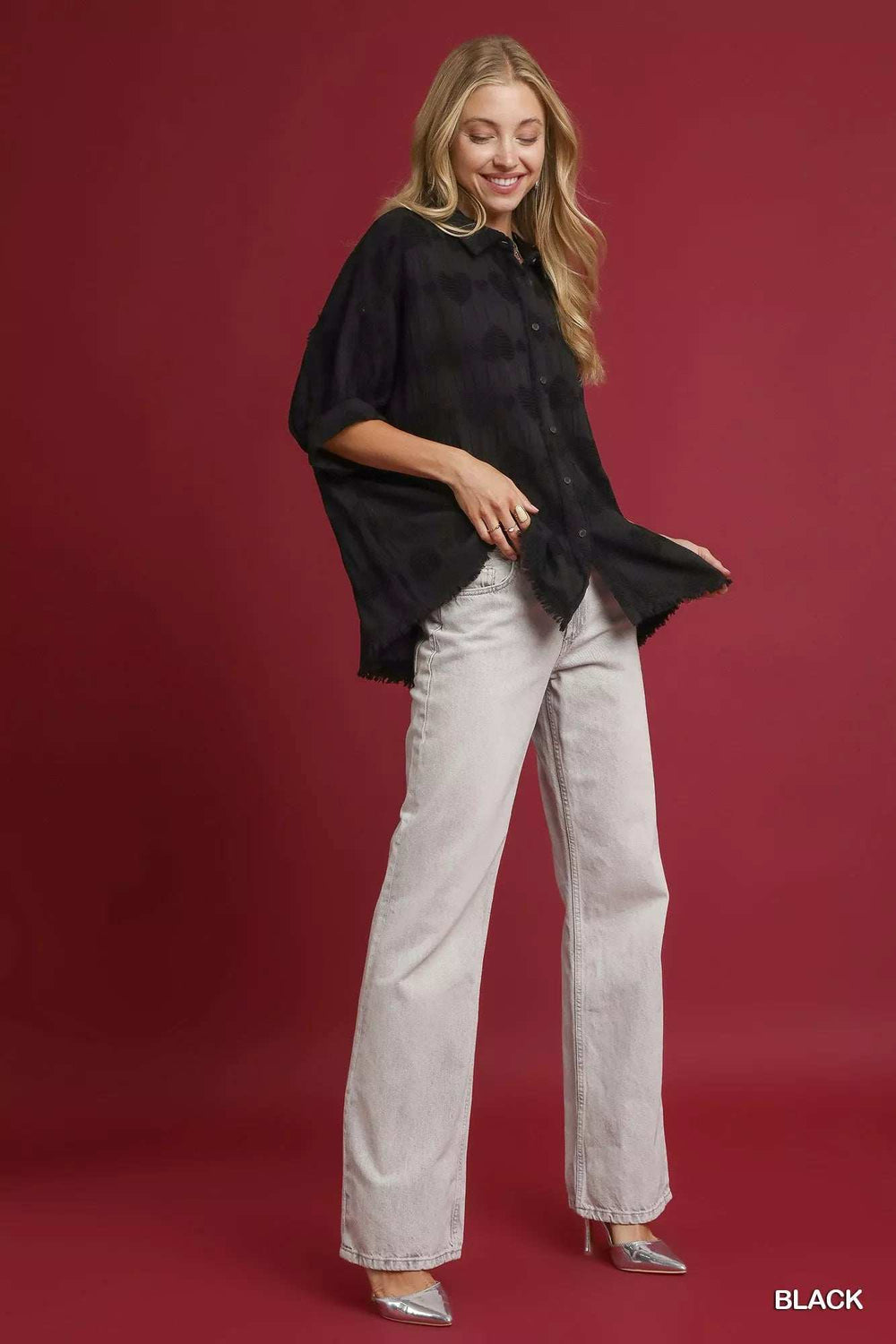 Umgee Jacquard Heart Collared Shirt - Trendsi - Flyclothing LLC