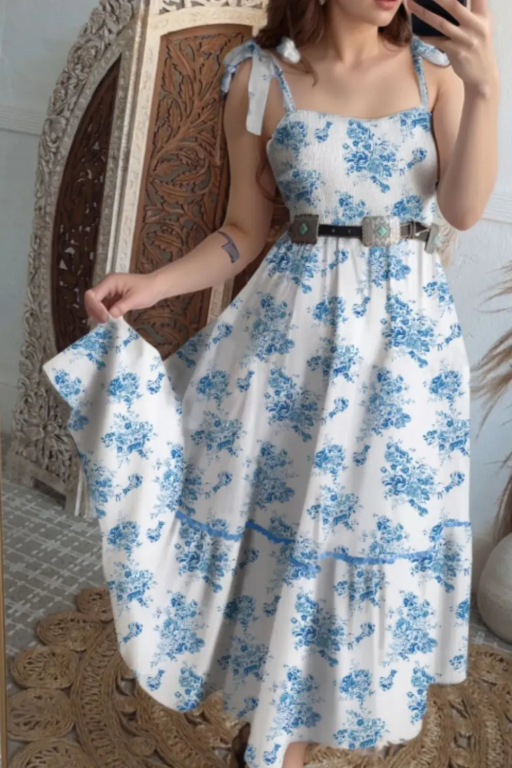 Printed Tie Shoulder Dress - Trendsi - Flyclothing LLC