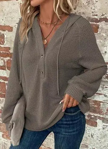 Waffle Knit Button Detail Hoodie - Trendsi - Flyclothing LLC